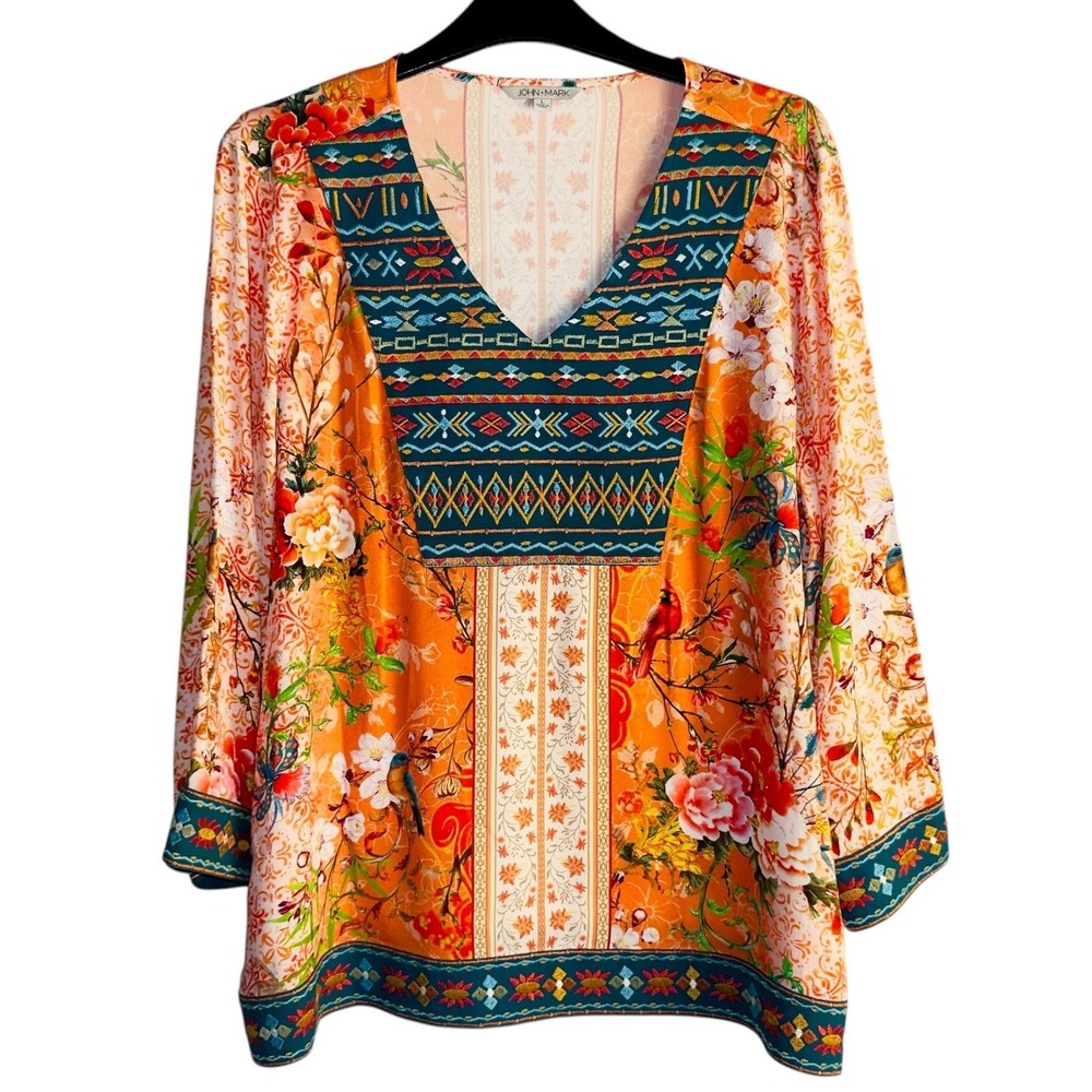 John‎ Mark Womens 3X Orange Blue Embroidered VNeck Tunic NWT